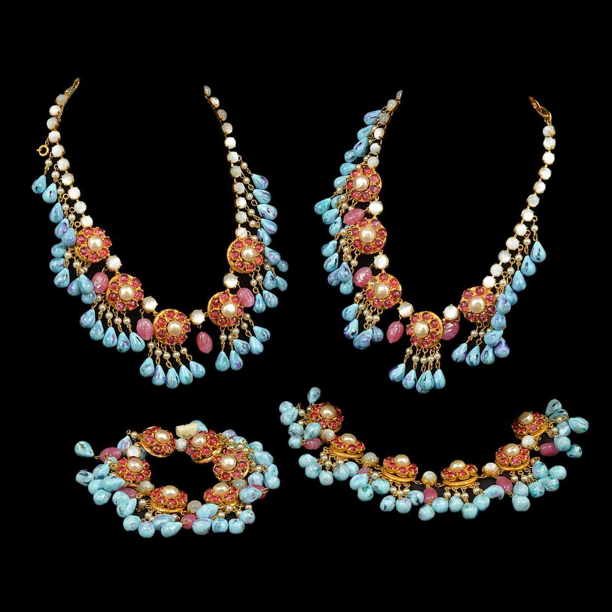Pink and pearl cluster and poured turquoise glass bead drop necklaces and matching bracelets, estimate £100-£200